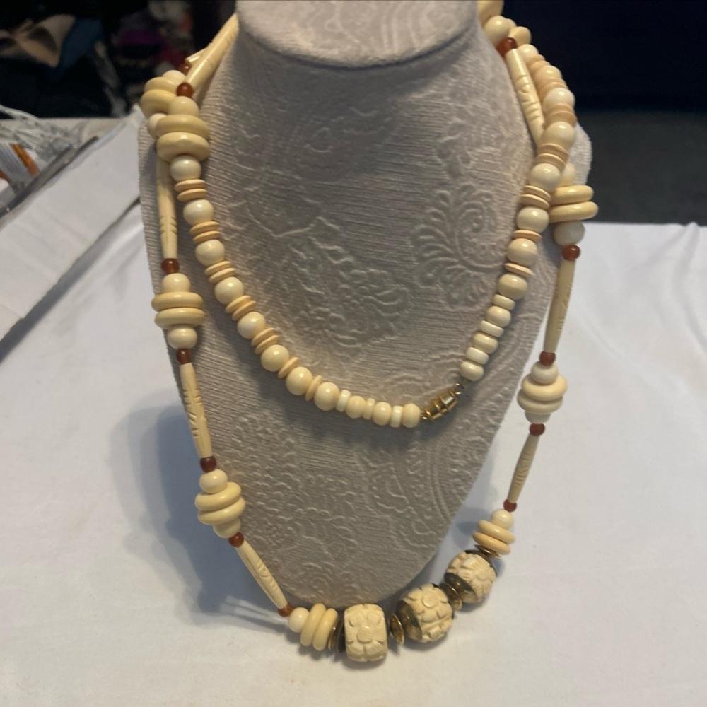 Vintage Butterscotch Amber Matte Peach Textured Geometric Necklace 44” Long